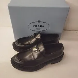Prada Women's Dark Brown Leather Loafers with Logo Accent